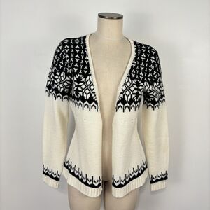 Boston Proper Womens M Black White Open Front Sweater Cardigan Fair Isle Nordic